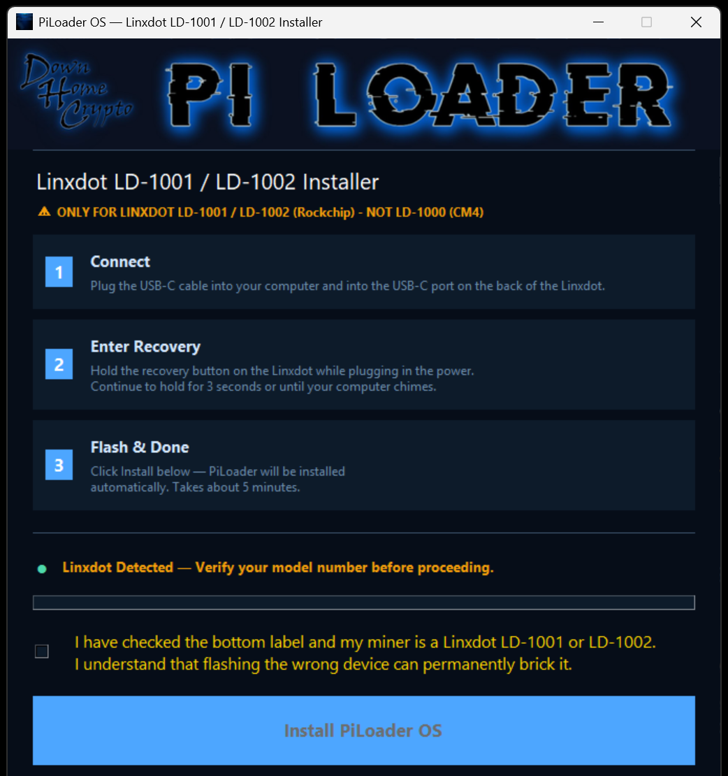 PiLoader Linxdot Installer showing Linxdot Detected, the confirmation checkbox, and the Install PiLoader OS button