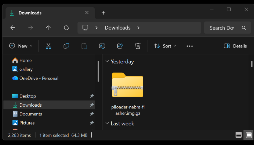 The downloaded PiLoader Nebra installer in the Downloads folder