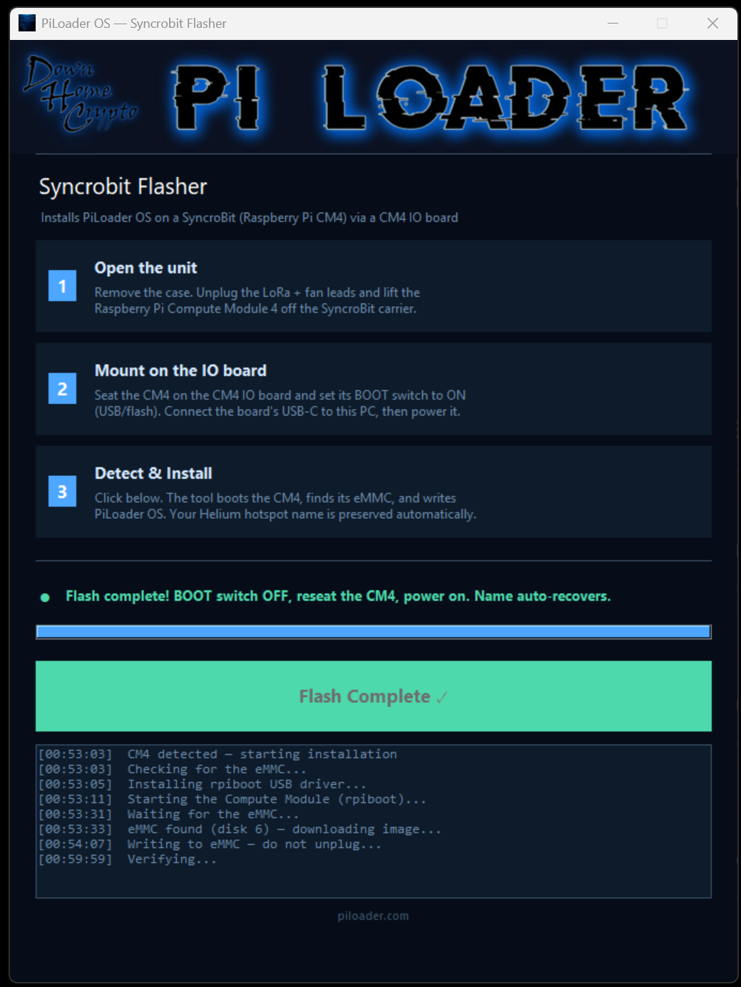 PiLoader Syncrobit Flasher showing the green Flash Complete confirmation and finished log