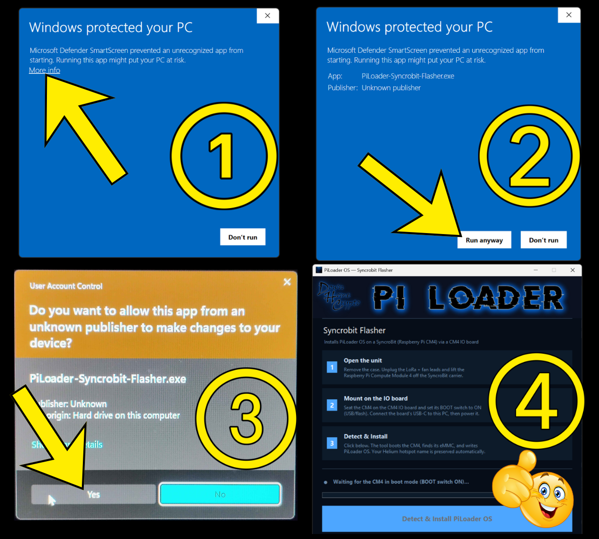 Windows SmartScreen warning screens and the PiLoader Syncrobit Flasher window