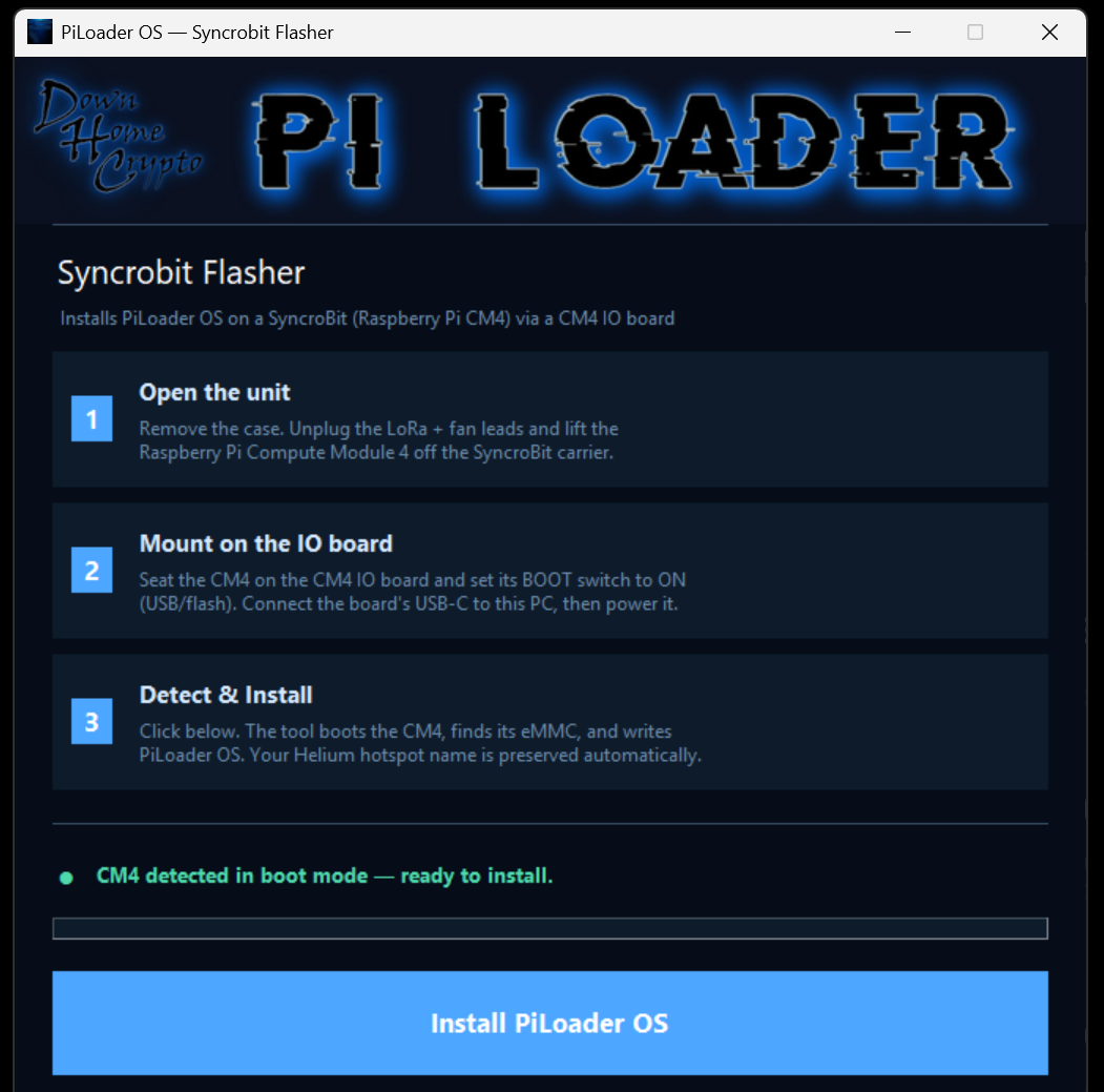 Flasher showing CM4 detected in boot mode, ready to install, with the Install PiLoader OS button