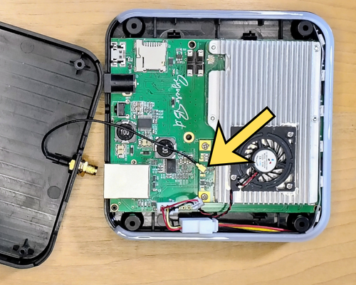 Reattach the antenna wire to the LoRa card by aligning the u.FL terminal and pressing down until it snaps in