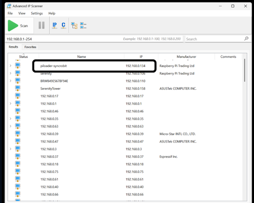 Advanced IP Scanner results list with the piloader-syncrobit device highlighted and its IP address